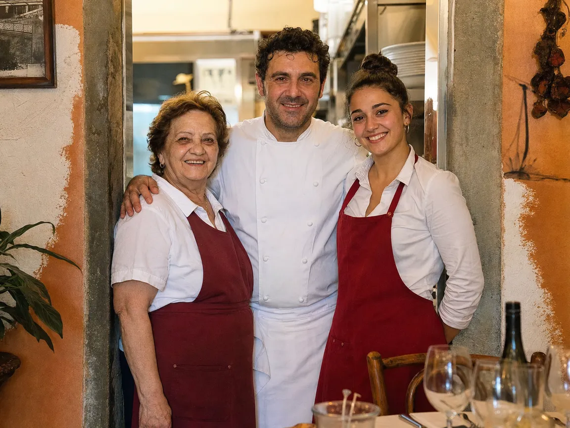 Tre generazioni della famiglia sulla porta della cucina