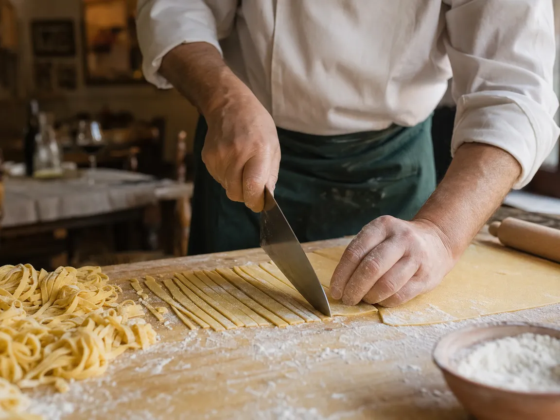 Pasta fresca tirata a mano in cucina
